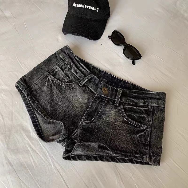 Vintage Denim Women Summer Black Grey Washed Low Waist Elastic Skinny Hot Shorts Jeans