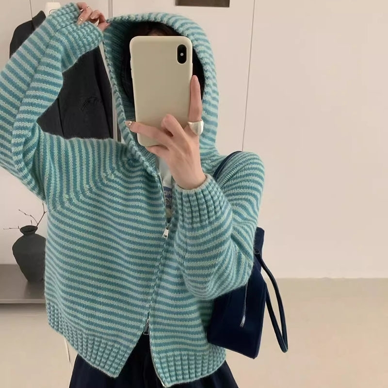 Retro Striped Zip-up Hooded Knit Cardigan Women Autumn Winter Loose Fitting Short Coat Female Korean Lazy Style Sweater Knitwear 260923