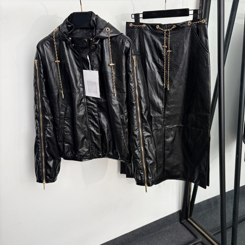 Designer Chain Drawstring Leather Jacket Skirt Set Women Vintage Zip Up Hooded Pu Coat Elegant High Waist Skirts Streetwear