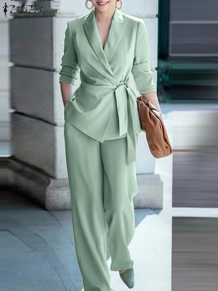 ZANZEA Spring 2pcs Office Women Matching Sets Solid Work OL Blazer Suits Fashion Long Sleeve Shirt Wide Leg Pant Sets Outfit 202 260922