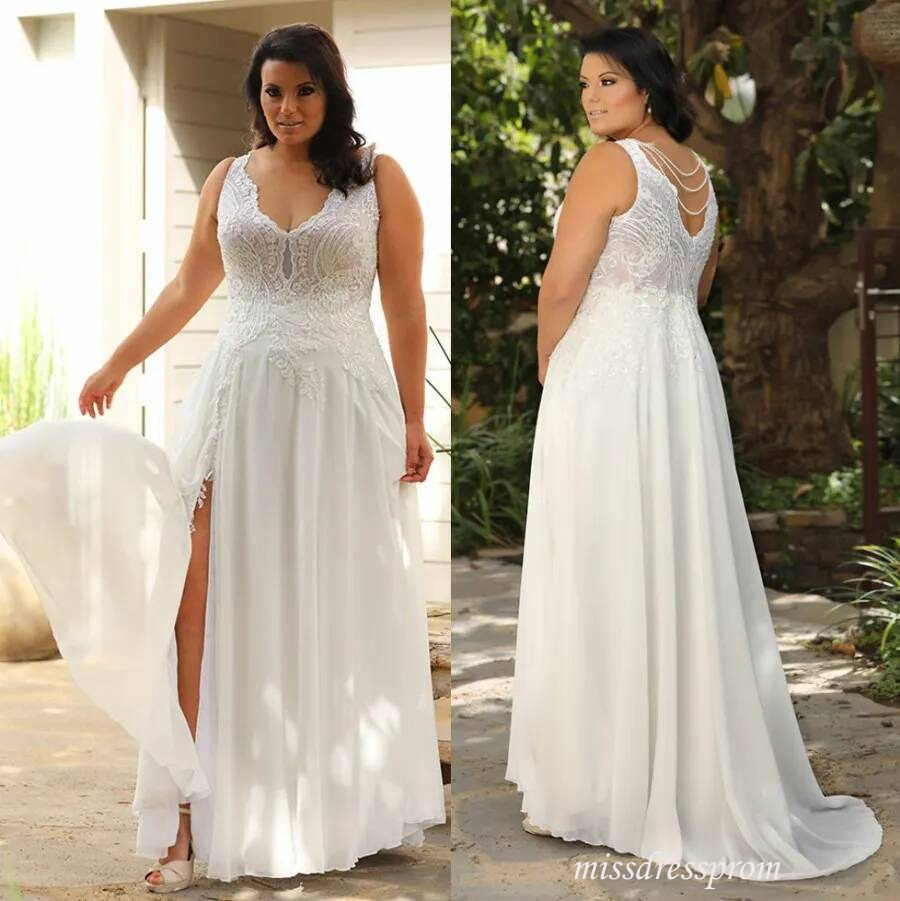Plus Size Lace Wedding Dresses V Neck A Line Side Split Bridal Gowns Beaded Floor Length Summer Beach Boho Chiffon robe de mariee