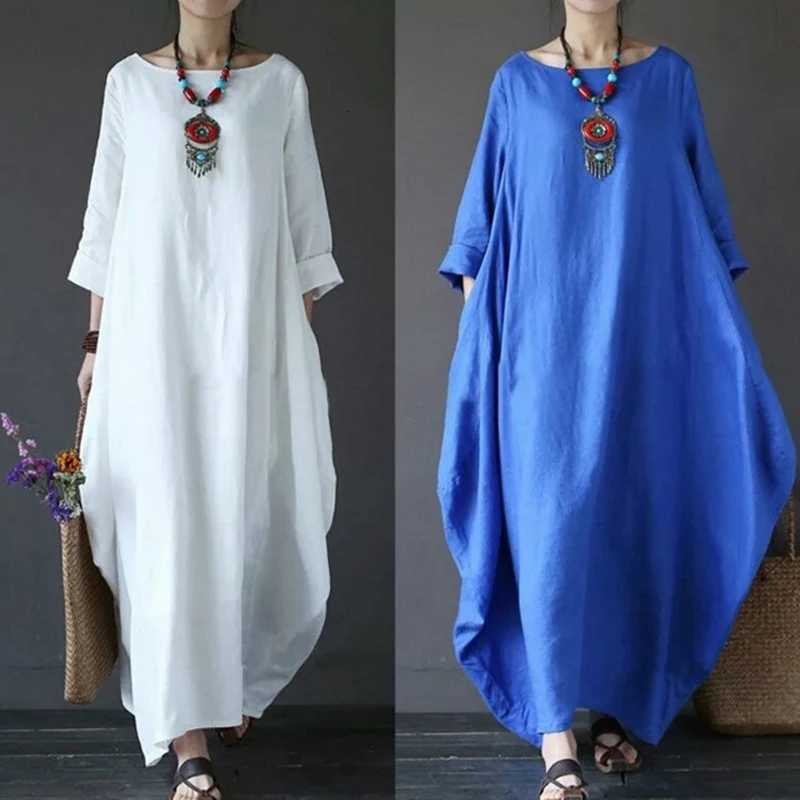 Sleep Lounge Women's Women Summer Thin Cotton Linen Loose Dress Literary Boho Long Sleeve Dress Lady Solid Color Robe Vintage KaftanC260924