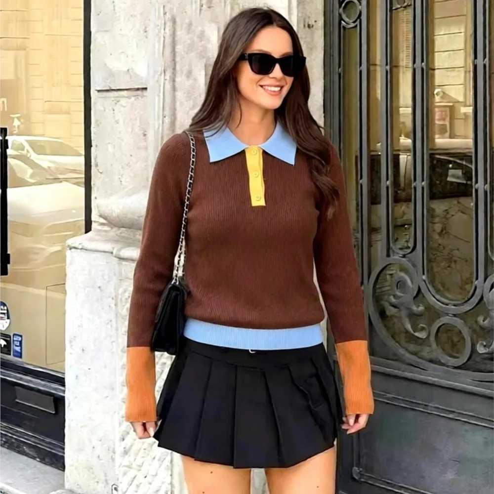 Women's Sweaters 2026 New Women Color's Block Knit Sweater Lady Trendy Knit Casual Top Spring Autumn Female Chic Slim Fit Short Pullover H