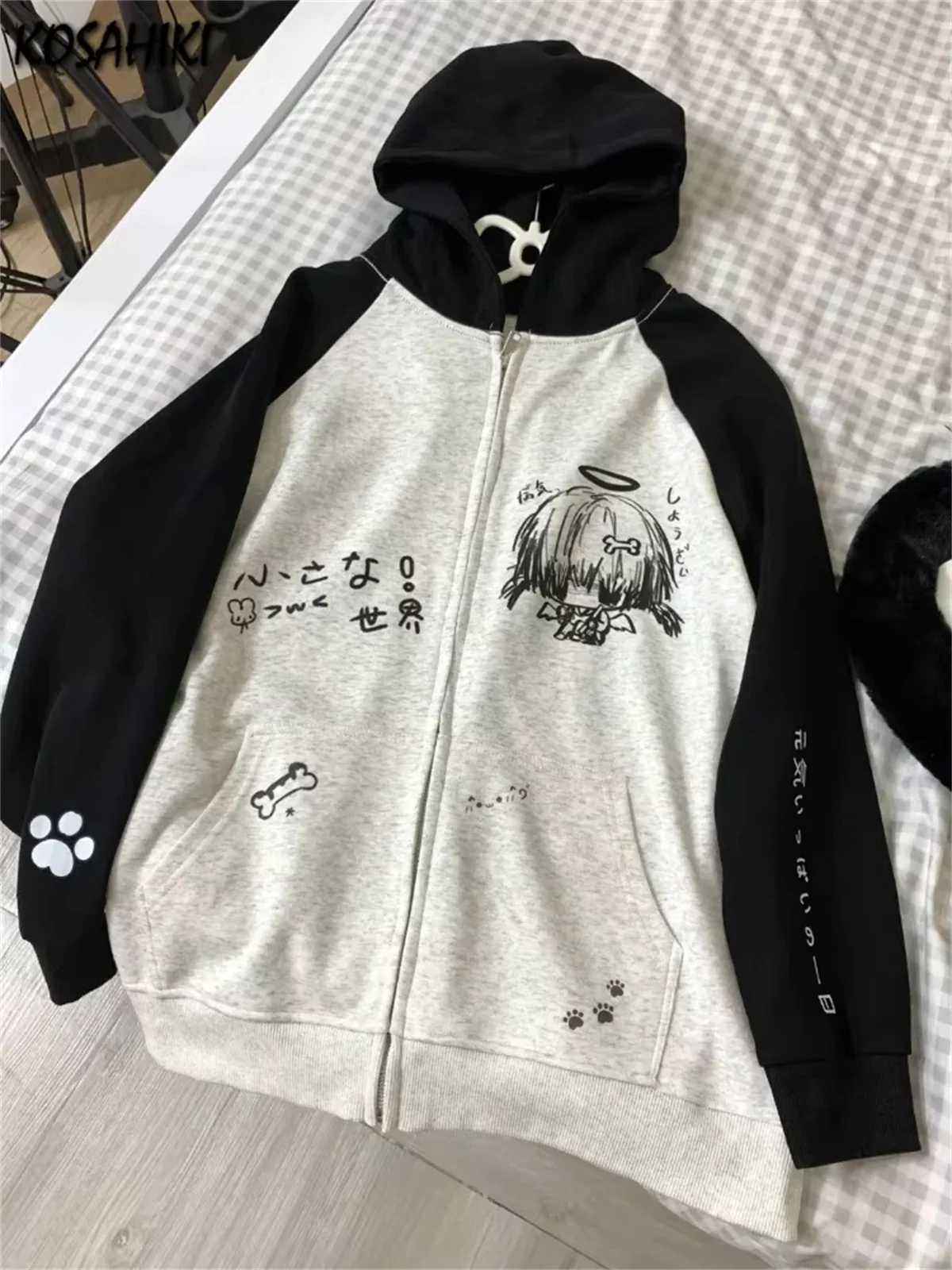 Japanese Contrast Color Hooded Tops Women Y2k Aesthetic Cartoon Print Grunge Hoodie Casual Zip Up Sweatshirt Harajuku Streetwear T2609233GXC
