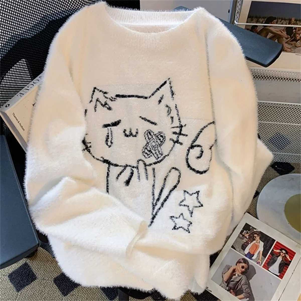 Women's Sweaters Vintage Preppy Kawaii Cartoon Jacquard Pullovers Sweet Harajuku Loose Grunge Jumpers Y2k Aesthetic Women White Knitted Sweater