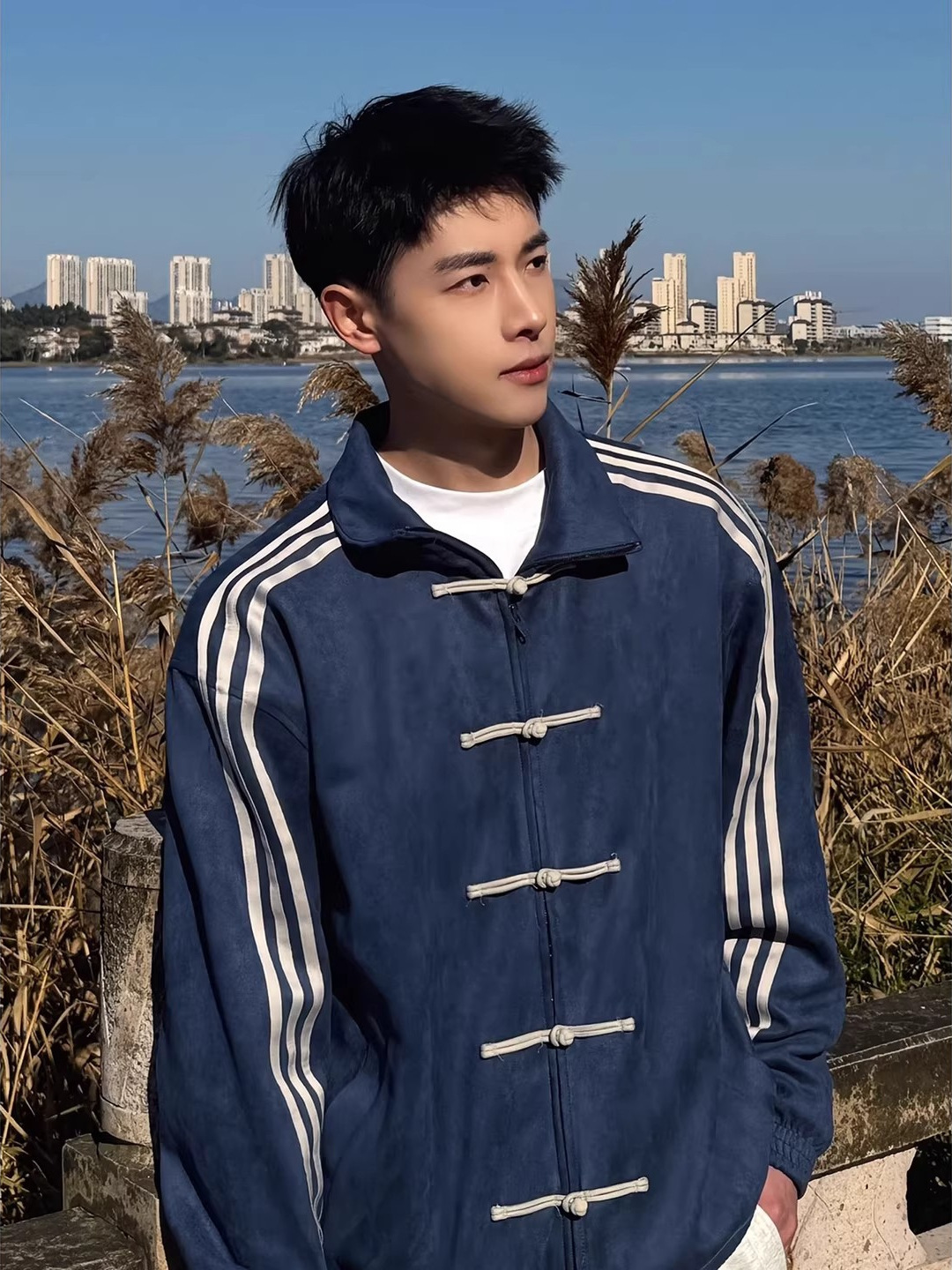 Navy blue striped stand-up collar sports jacket for men, autumn collection, featuring -style button design, exuding a sophisticated and traditional