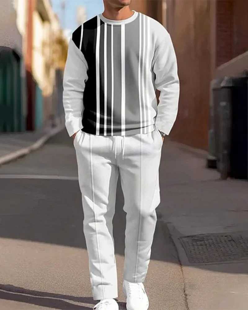 Fashion Simple Casual 3D Print Men's Sportswear Set Long-Sleeved T Shirt Pants 2-Piece Set Oversized Pullover Men Clothing T260924