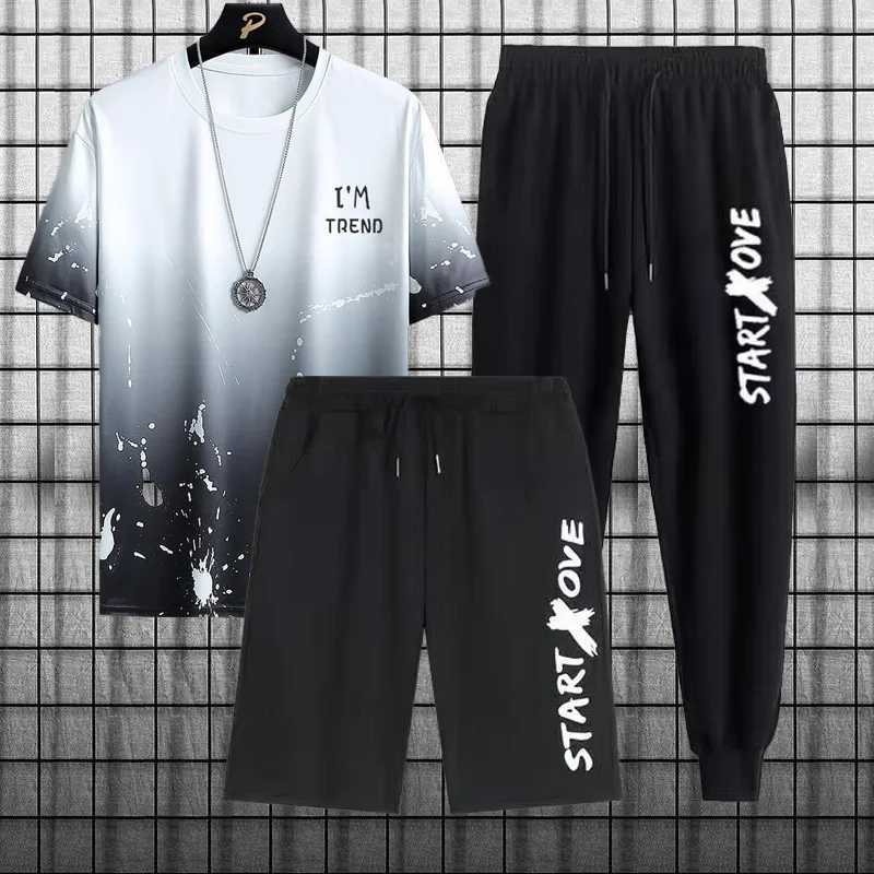 Summer New Ice Silk Cool Three Piece Set Casual Sports Men's Set Pattern Style T260924