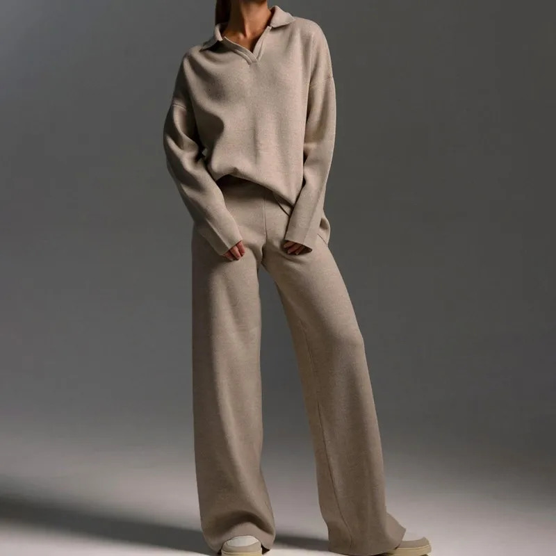 Autumn And Winter Knitted Sweater Trousers Set Womens Polo Collar Pullover Wideleg Comfortable Casual Twopiece 260923