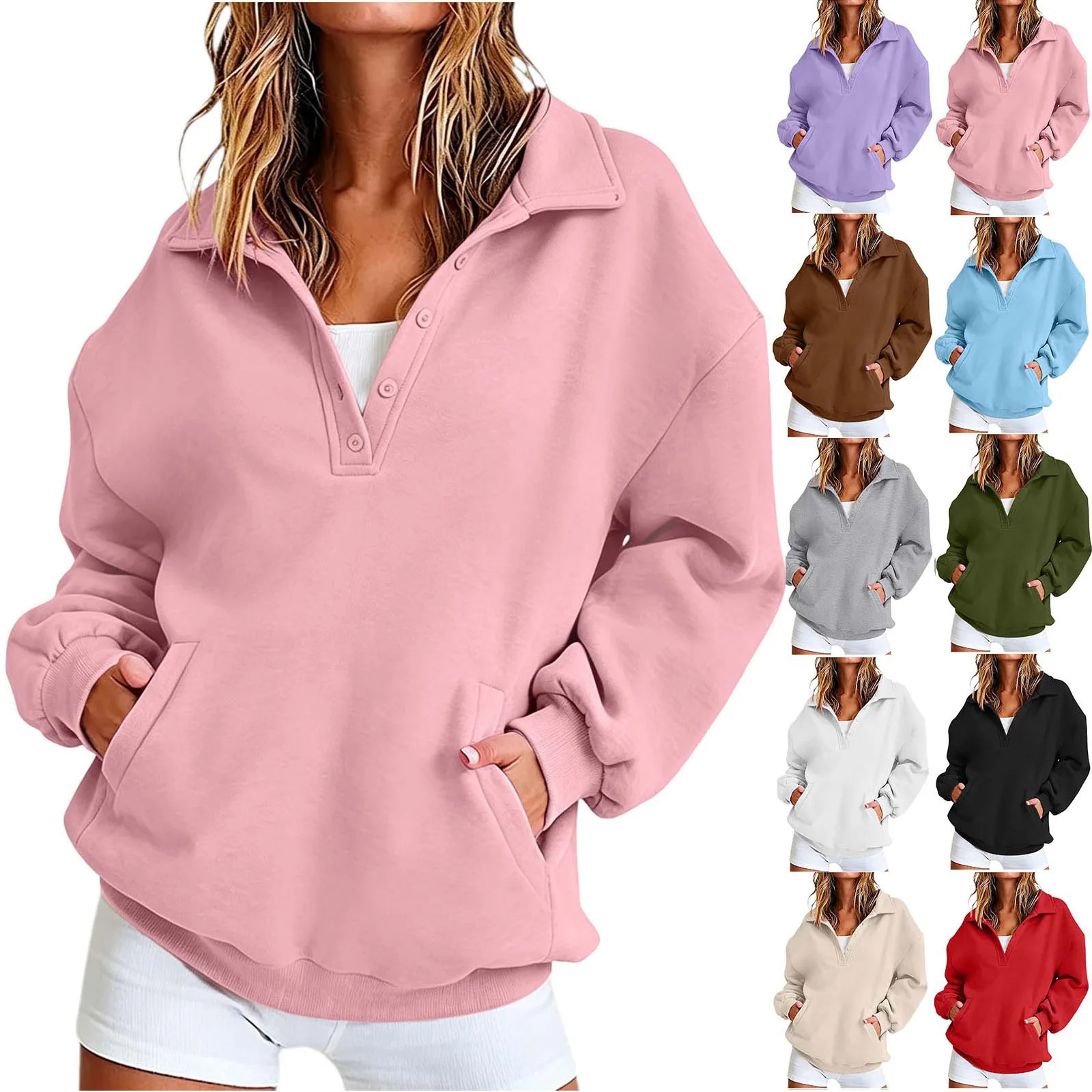 Autumn Winter Women Sweatshirts Solid Basic Turn Down Collar V Neck Button Pullover Long Sleeve Loose Sweatshirt Daily Tops w260923