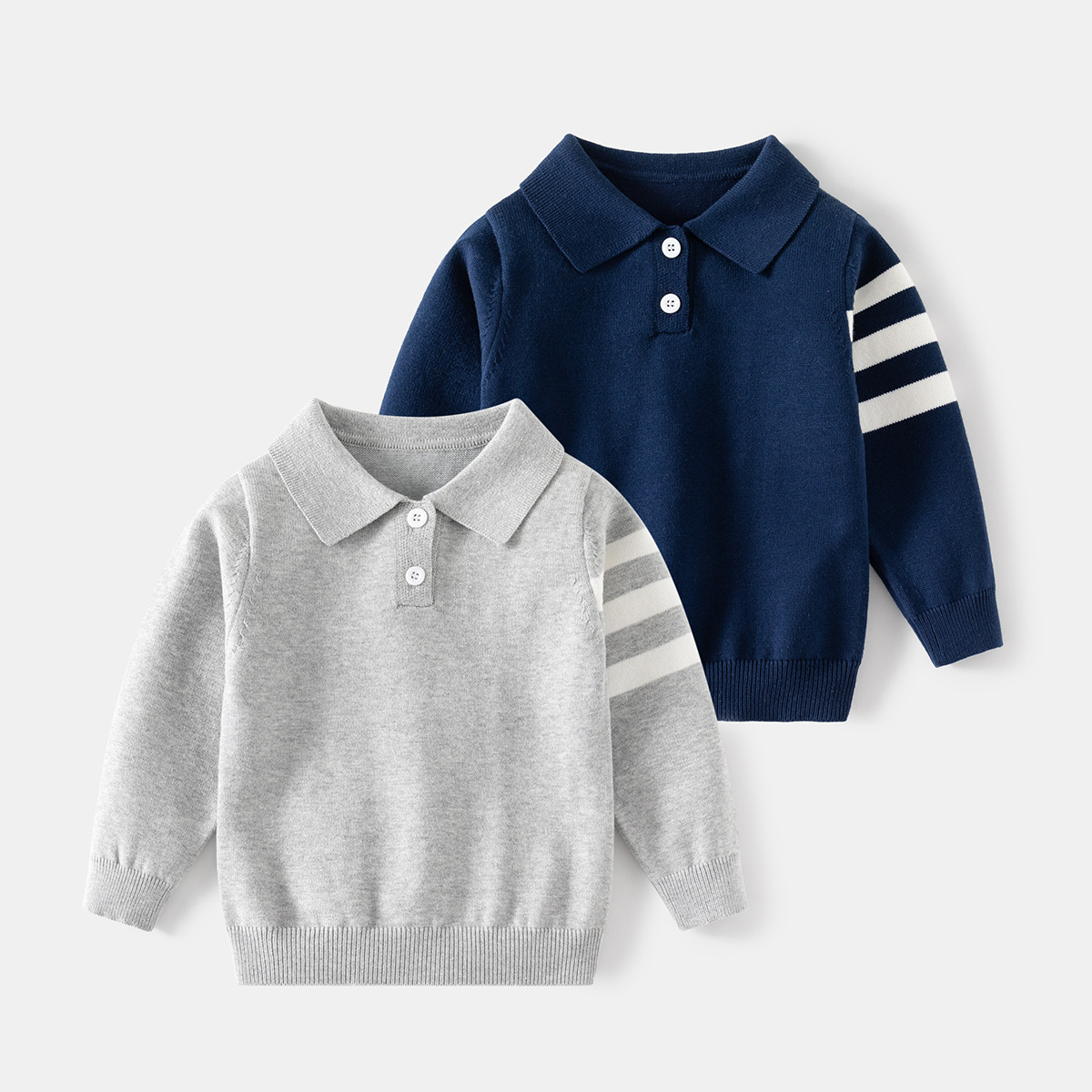 chic Kids Polo Collar Knit Sweater Button Placket Sleeve Stripes Long Sleeve Pullover Top For Toddler Boys Casual Wear