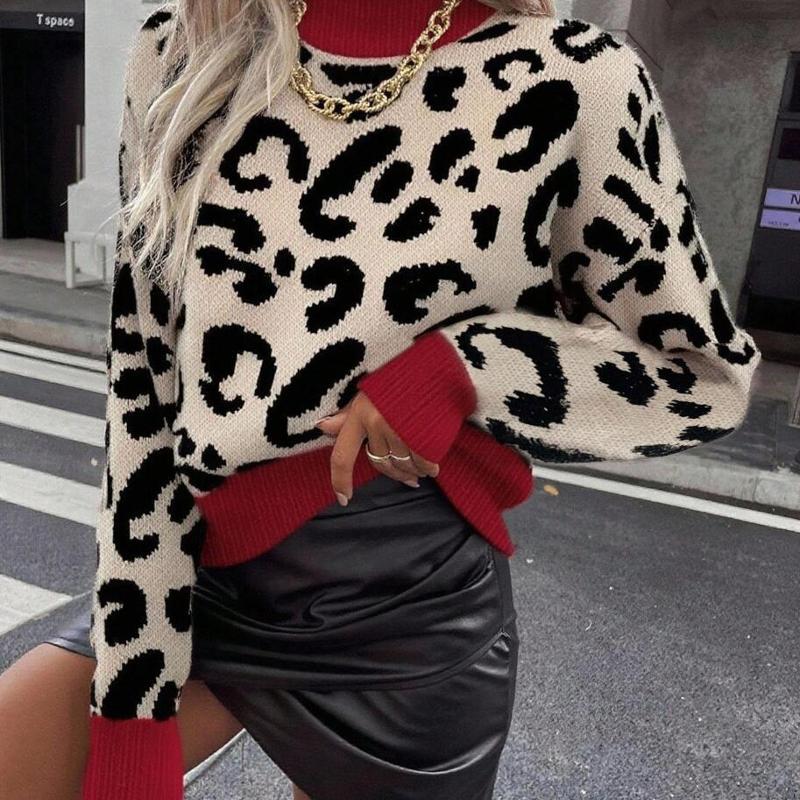 Women Leopard Print Knit Sweater Autumn Winter Pullover Long Sleeve Thick Warm Casual Elegant Jumper Top S-XL