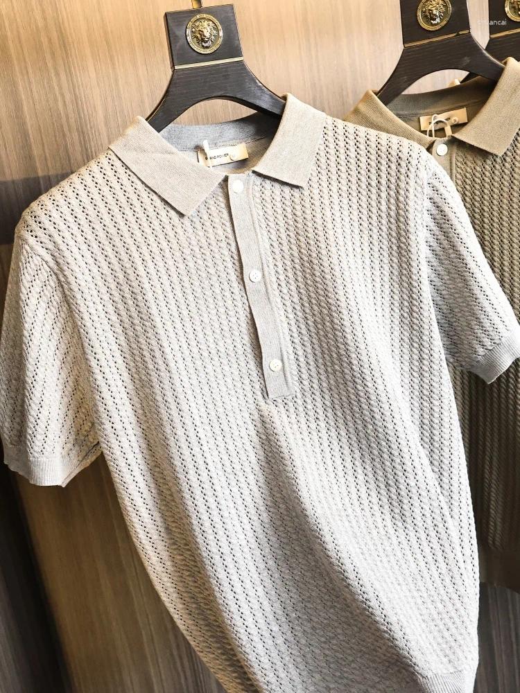 Soft Breathable Summer Short Sleeve Knitted Shirt Men's Casual Fashion Hollow Out Texture Collar Flip Design Skin Friendly El...