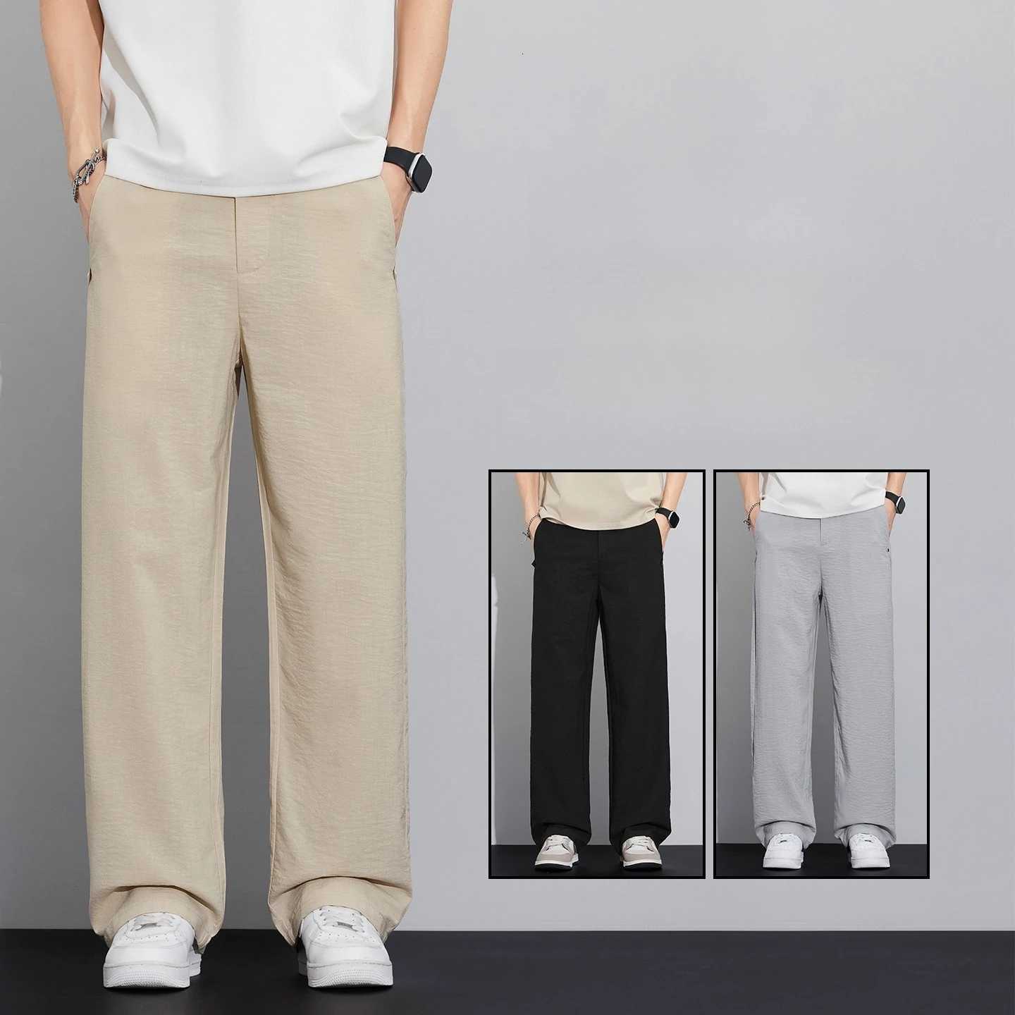 Men's Pants Men's Summer Ultra-Thin Wide-Leg Pants Loose Straight-leg Trousers Elastic Waist Lightweight Breathable Ice Silk Casual Trouse