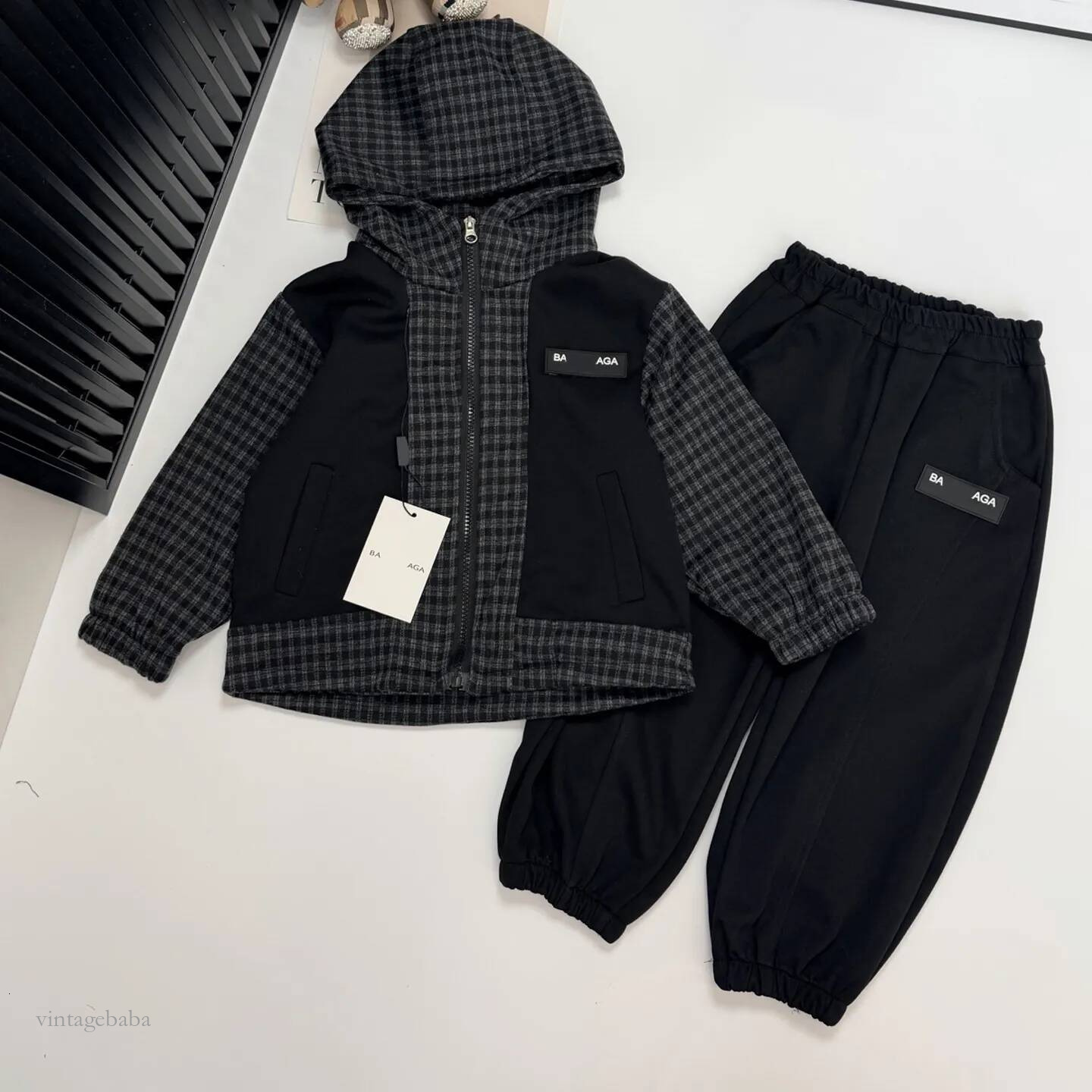 Kids Boys Designer Clothes Toddler Hooded Plaid Spliced Sweatershirt Long Pants 2Pcs Outfit Set Children Autumn Spring Casual Clothing Set 90 150CM