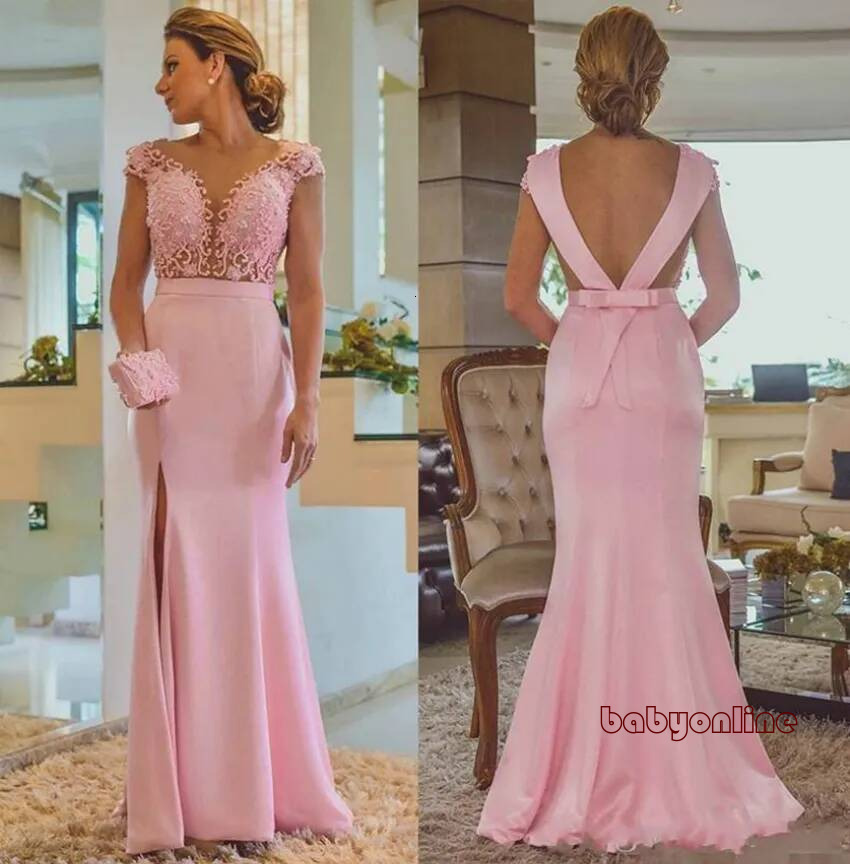 Mermaid Pink Evening Gown Side Split Lace Applique Beaded Backless Bow Long Dress for Wedding Guest Mother of the Bride