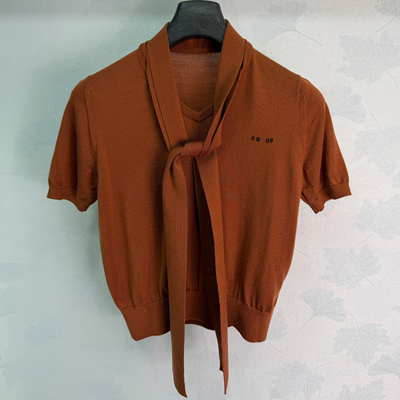 Designer Women V Neck Knit Tee With Sashes Retro Brown Short Sleeve Thin Embroidery T Shirt Summer Breathable Stroll Weekend Casual Chic Knit Top