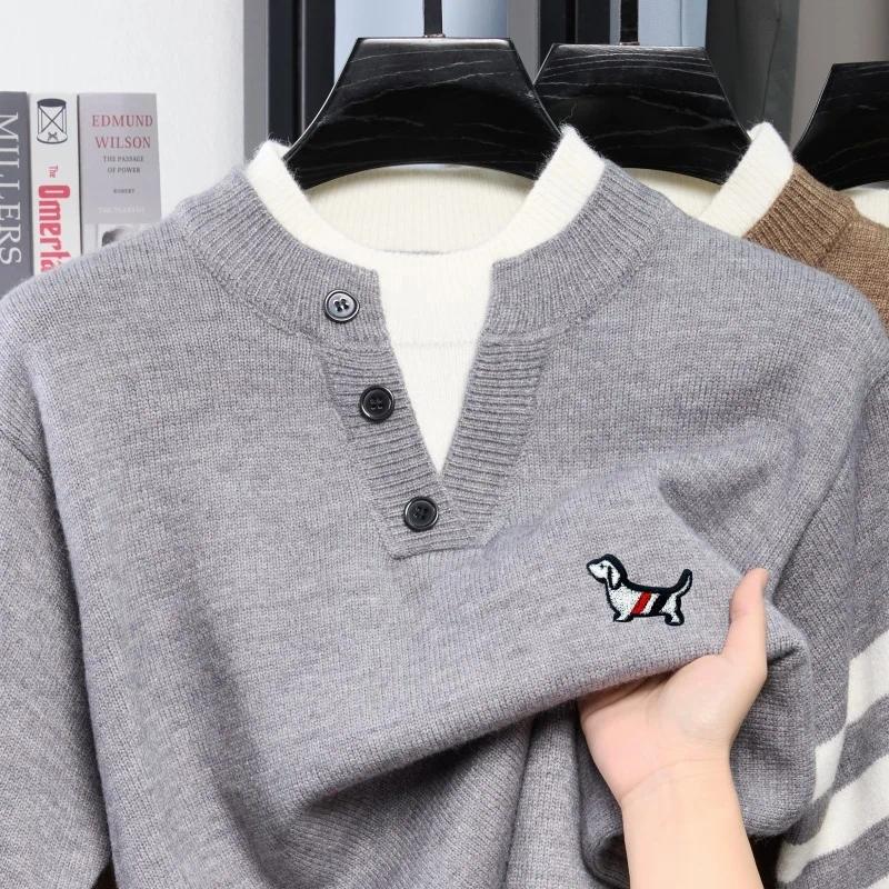 Designer Original Autumn Men's Long-Sleeved Pullover Knitted Shirt Classic V-Neck Embroidery Daily Old Money Style Men's Sweater