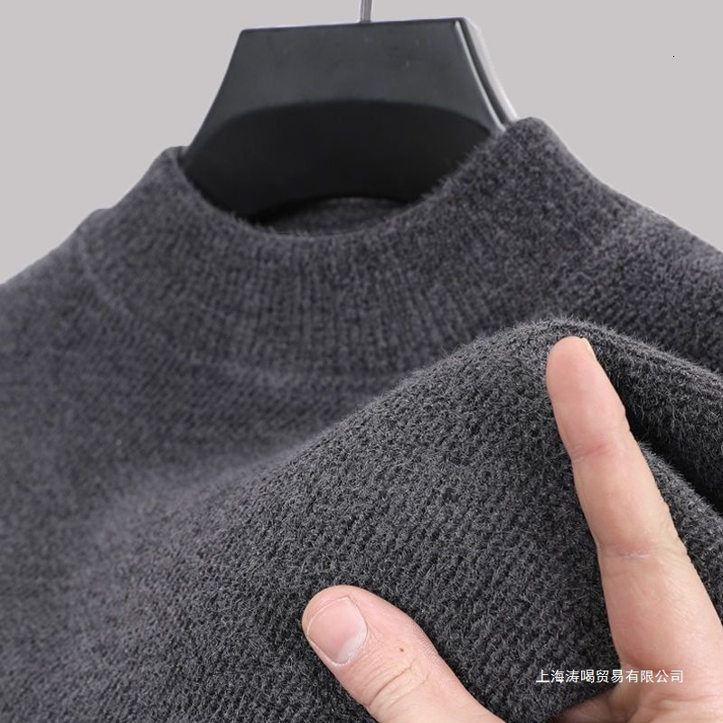 Luxurious Designer Discontinued Men's Winter Long-sleeved Fleece Warmest Snow Sheepskin One-piece Solid-color Knitted Sweater Base Layer Top