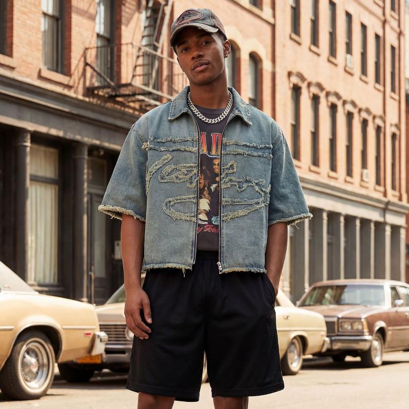 Men Retro Washed Distressed Short Sleeve Denim Jacket Lapel Full Zip Raw Frayed Edge Letter Patch Cropped Denim Shirt Coat Street Hip Hop Casual