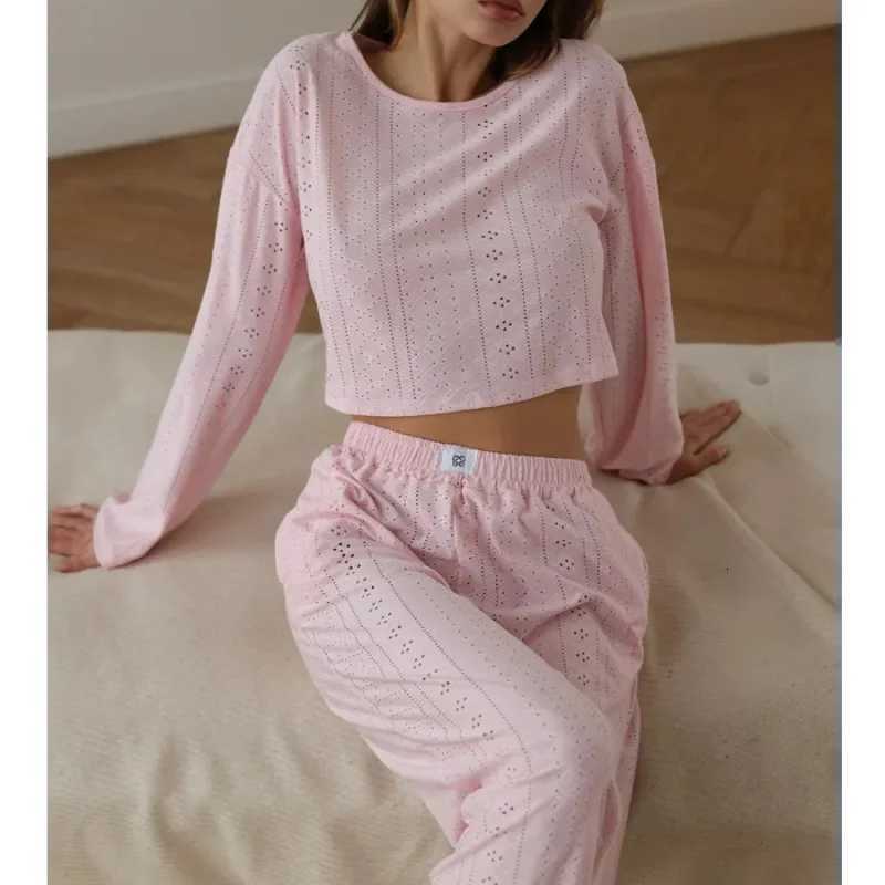 Women's Sleep Lounge 2025 Women's American Casual Wear Set - Fashionable Simple Loose-Fitting Long-Sleeved Long-Pants Nightwear Homewear S