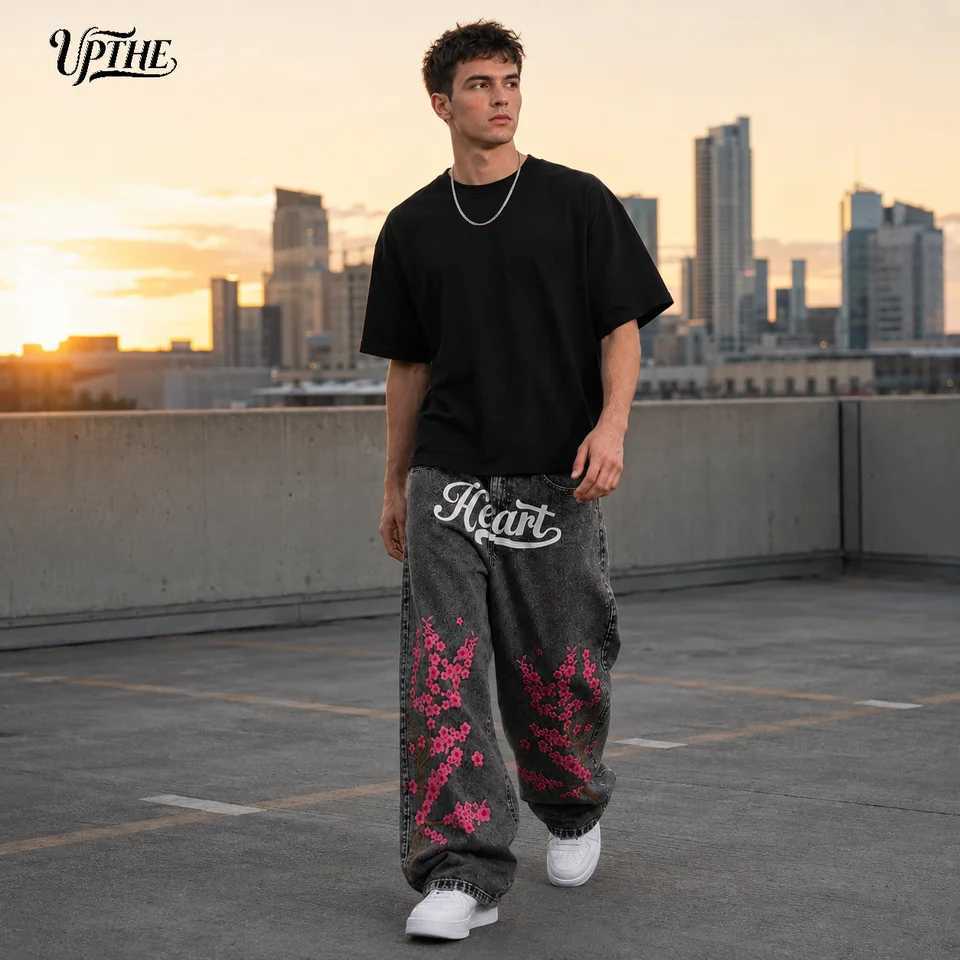 UPTHE Oversized Baggy Jeans for Men Retro Black Grey Acid Washed Denim Pants Cherry Blossom Floral Embroidery Y2K Streetwear Wide Leg Trousers Hip H