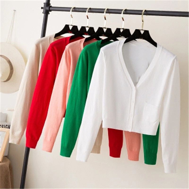 Ladies Short V Neck Long Sleeve Cotton Cropped Cardigan Sweaters Thin Coat feminino Spring Knitwear for Women