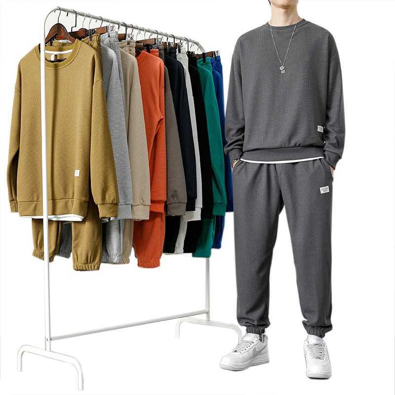 Fashion Men's Tracksuit Suit Autumn Warm Tracksuit Mens Casual Solid Waffle Sweatpant Set Unisex Jogging Suit 2022 Men Clothes T260924