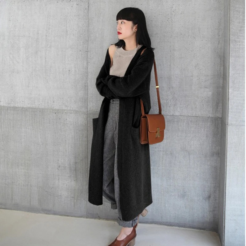 Medium To Long Simple Thickened Loose Pocket Solid Womens Sweater Cardigan Korean Autumn Winter Versatile Casual Knitted Coat 260924