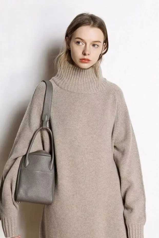 Women's Sweaters European goods turtleneck thickened 100%wool sweater women's autumn and winter medium and long sweater loose knitted bott