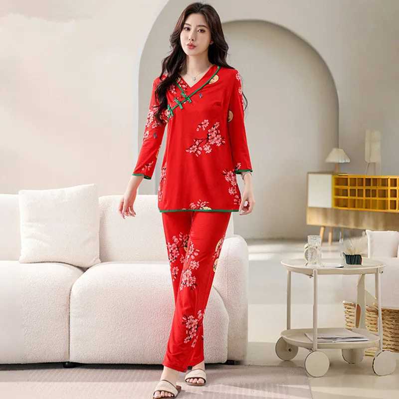 Women's Sleep Lounge XL-6XL Ensembles Pyjama Plus Size Cotton Spring Autumn Women's Pajamas Set Printed Home Clothes Long Sleeve Tops Trou