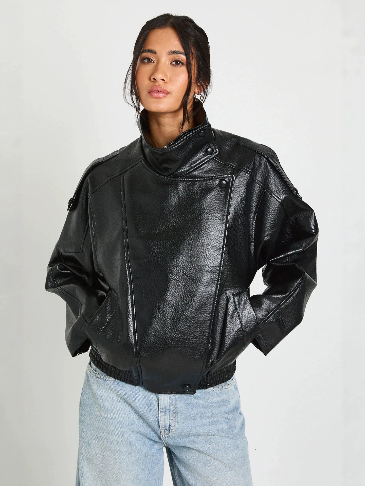 Women's European American Style Stand up Collar PU Leather Jacket Loose Casual Street Style Texture Versatile Motorcycle Short 260923
