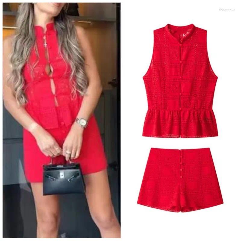 Women's Shorts Set Summer Lace Round Neck Sleeveless With Buttons Tops Mid-waist Casual Fashion Female 2 Piece Sets