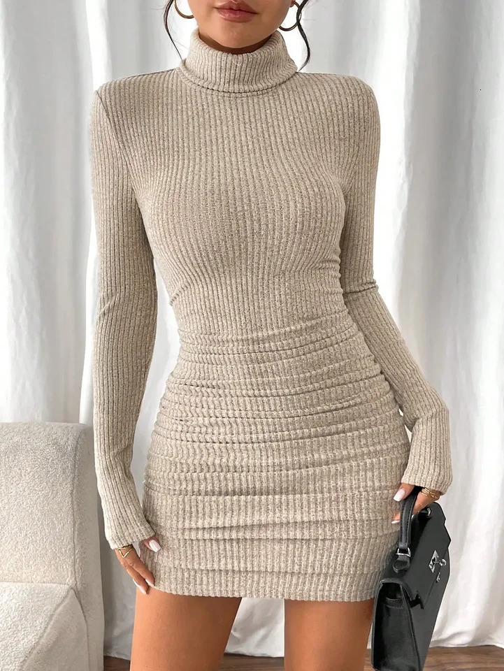 Fashionable Casual Ribbed Knit Womens Solid Color High Collar Long Sleeve Simple Short Dress 260924