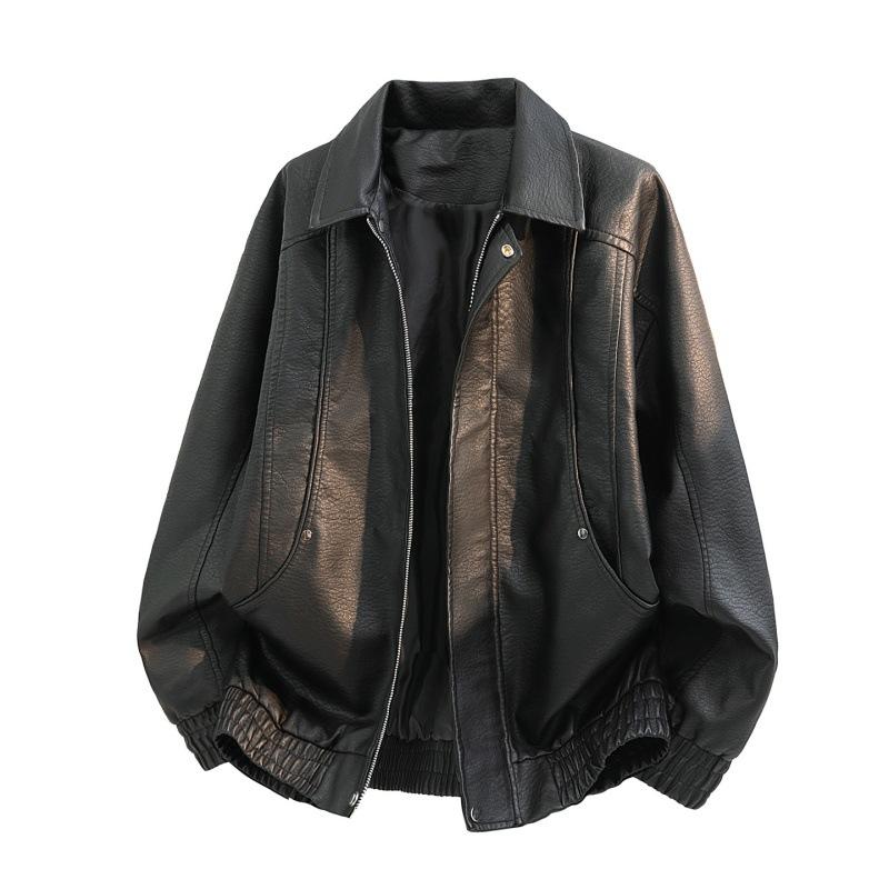 Men Oversized Lapel PU Leather Jacket Relax Drop Shoulder Elastic Hem Zipper Closure Simple Street Style Outerwear