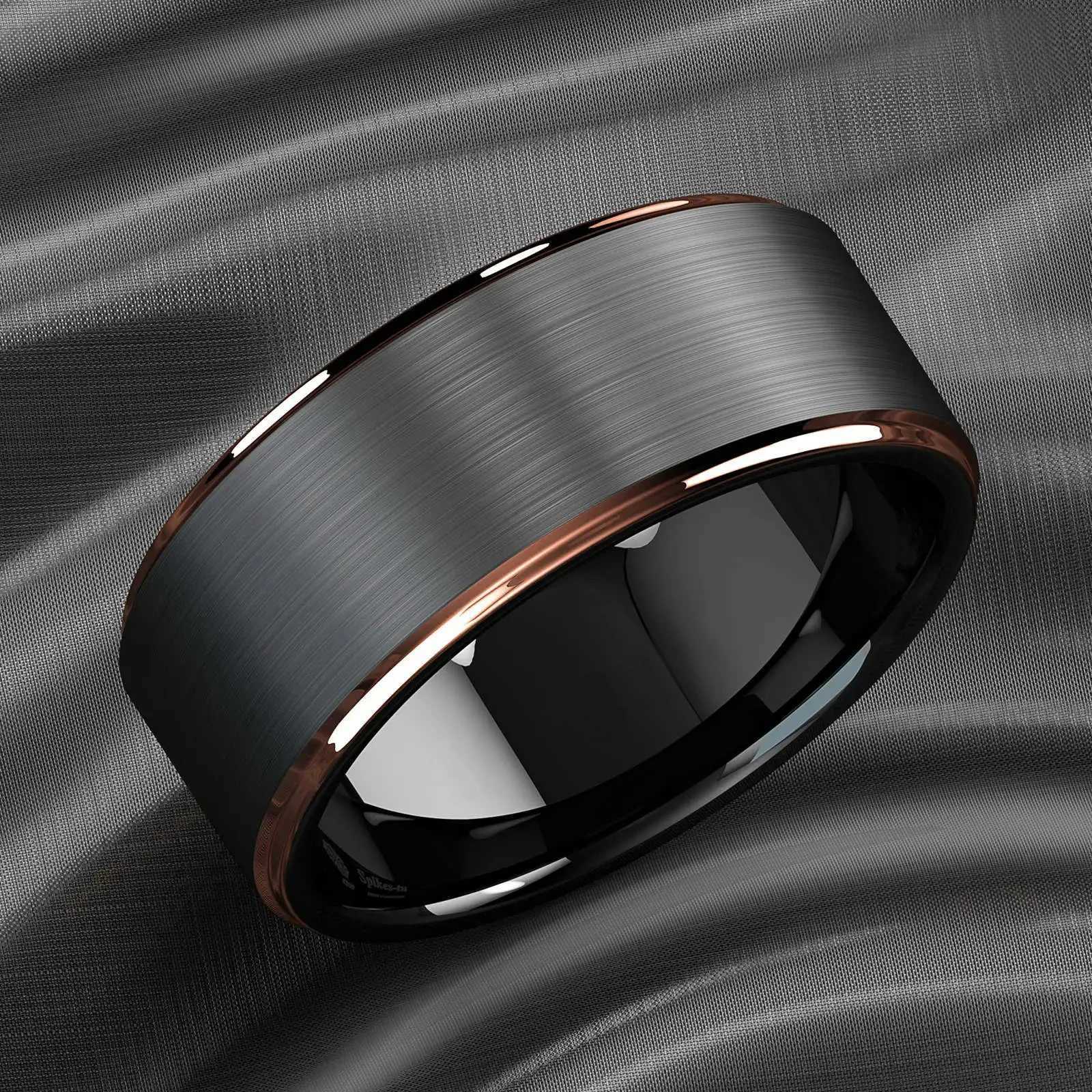8mm Fashion Band Stainless Rings Steel Rings for Men Rose Gold Color Step Edge Black Brushed Men Rings Wedding Party Jewelry Gifts N260924