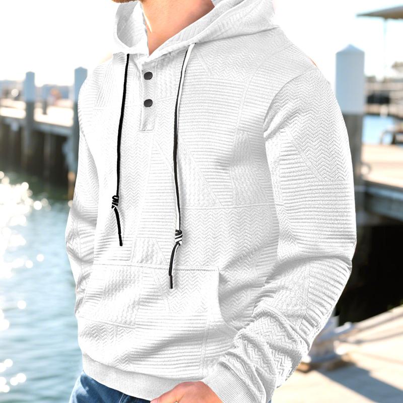 Sweat-shirt à capuche pour hommes à texture chevron Henley Pull à col à deux boutons Sweat à capuche à manches longues avec cordon de serrage con