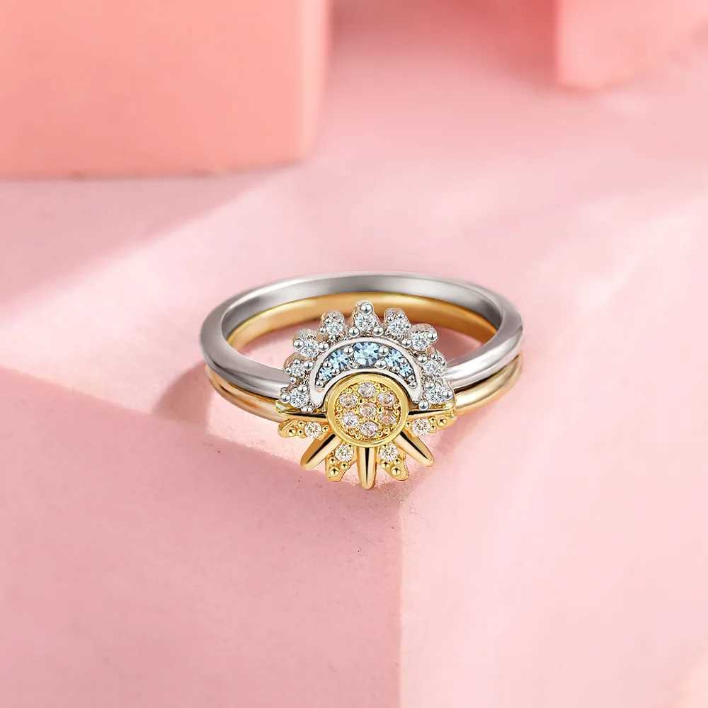 Sun Band Silver Rings 925 and Moon Couple Ring Set Sky Blue Sparkling Cubic Zirconia Rings Promise Fine Jewelry Gifts for Valentines Day N260924