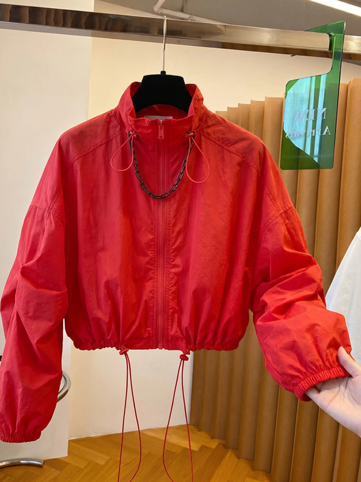 Slimming Short Womens Jacket Drawstring Stand Collar Breathable Lightweight Fleece Outdoor Casual Fashionable Summer Coat 260924