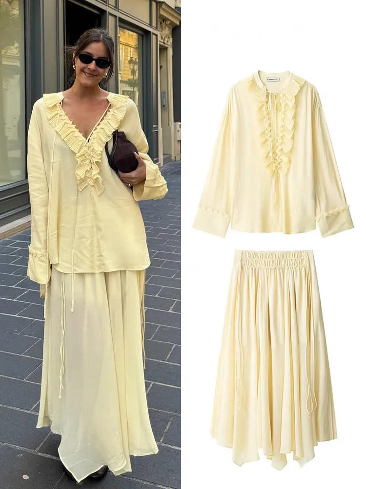 HH Women Elegant Skirt Suit Solid Long Sleeves Lace Loose ShirtZipper Pleated Pull Rope Decoration Casual Long Skirt Set 260922
