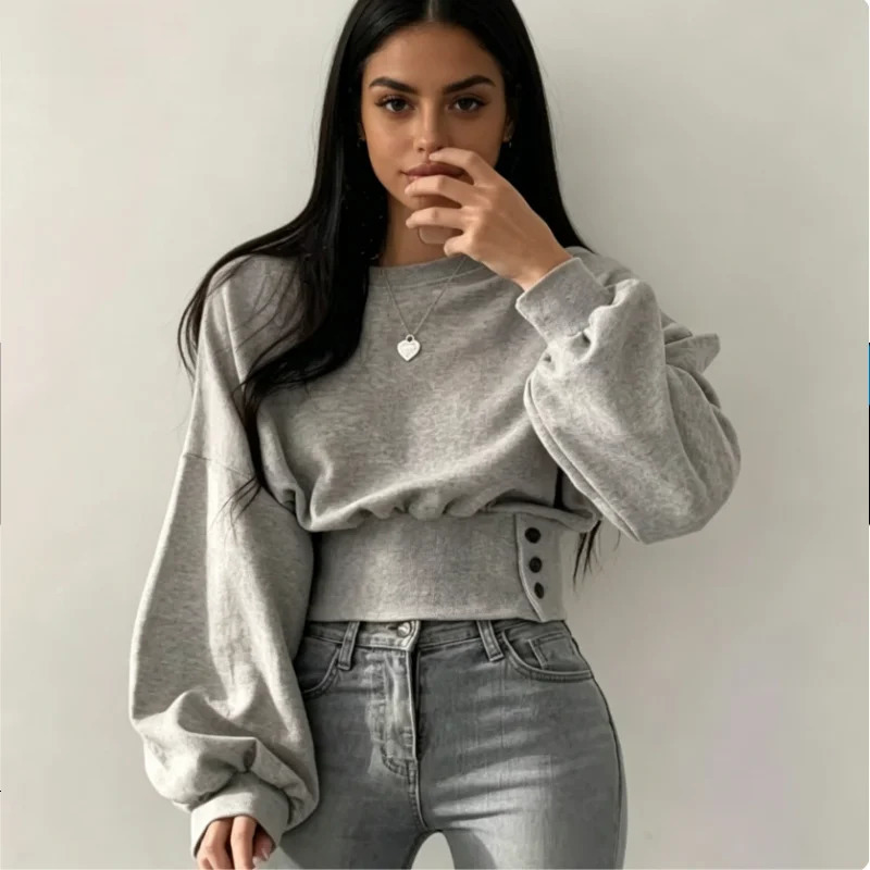 Autumn Womens Sweatshirts Solid ONeck Slim Crop Top Lantern Sleeve Button Casual Pullover Sweet Blouse Sporty Chic Y2k Clothes 260924
