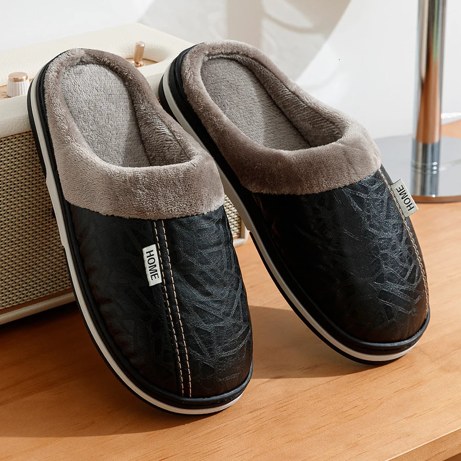 Pu Leather Big Sizes Men slippers Indoor Fur Flat Men's Winter Home Slipper Cotton Bedroom House Shoes 260918