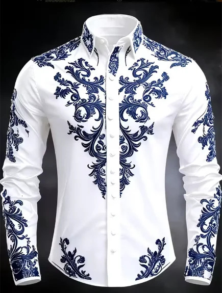 Men's y Baroque Print White Satin Dress Shirt Long Sleeve Slim Fit Formal Business Party Button Down Shirt 260922