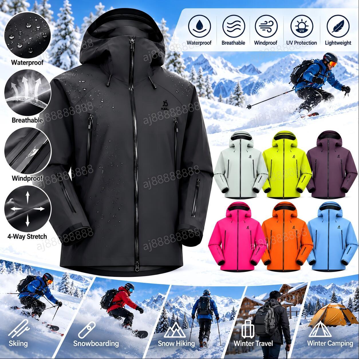 Kailasiy Unisex Waterproof Windproof Ski Jacket Hooded Lightweight Breathable Snow Outdoor Shell Winter Jacket