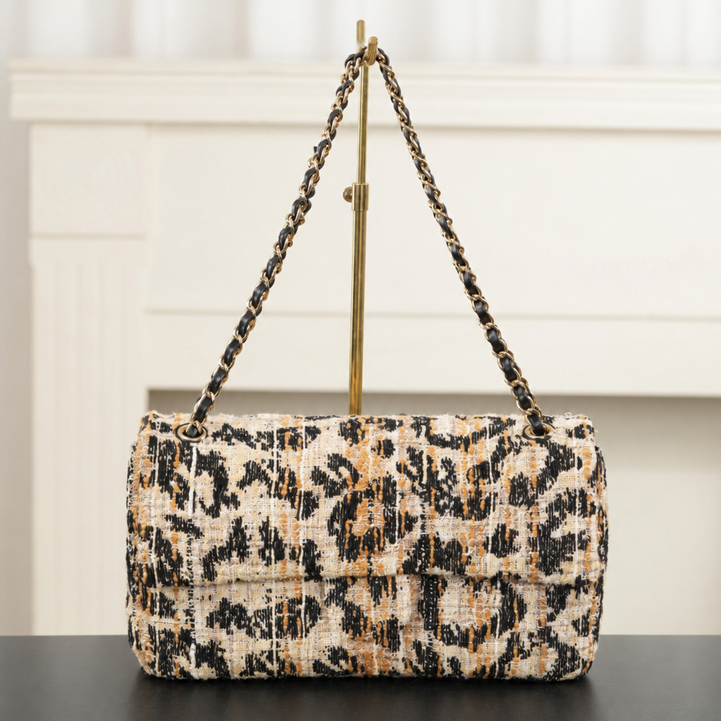 Designer Bag 26A Classic Flap Series Leopard Print Tweed Maxi Shoulder Crossbody Bag Woven Chain Strap Photo Shoot Outing Shopping Dating