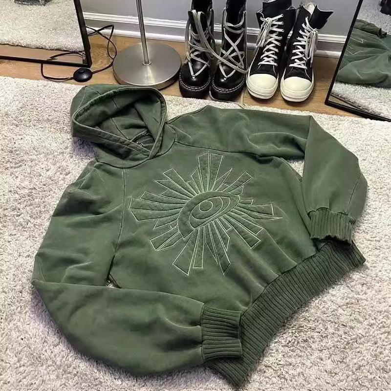 Mens Womens Cropped Pullover Hoodie Vintage Washed Texture Long Sleeve Drawstring Hood Front Embroidered Design Loose Streetwear Sweatshirt Ribbed T