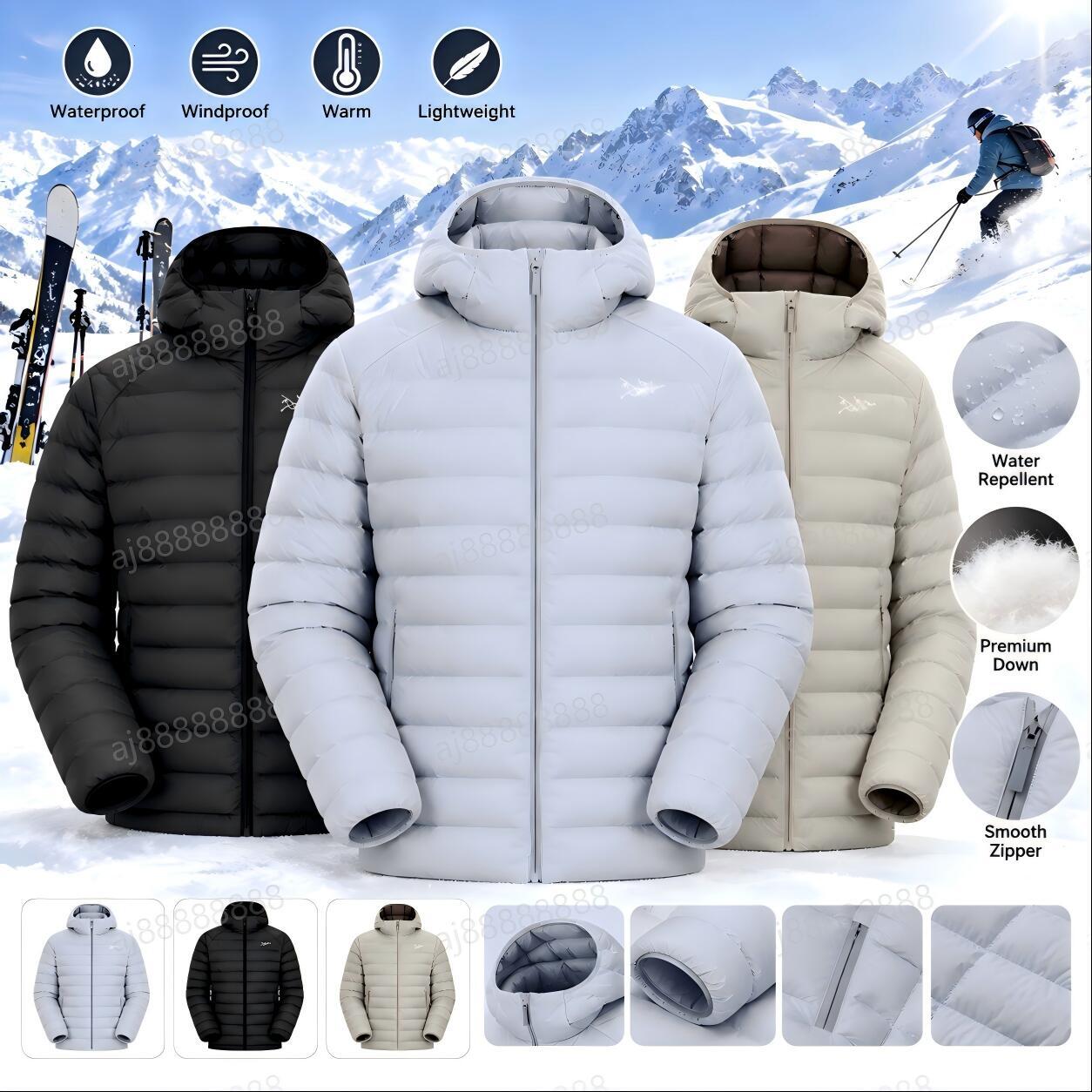 Arcteryxilly Men Hooded Ski Jacket Lightweight Warm Puffer Coat Windproof Insulated Full Zip Winter Snow Outdoor Jacket