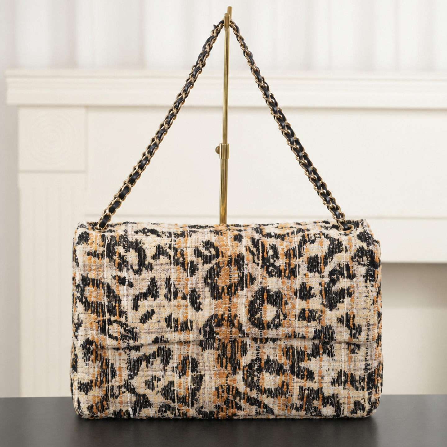 Designer Bag 26A Series Leopard Tweed Flap Shoulder Bag Woven Chain Strap Oversized Maxi Purse Daily Commute Streetwear Party Travel