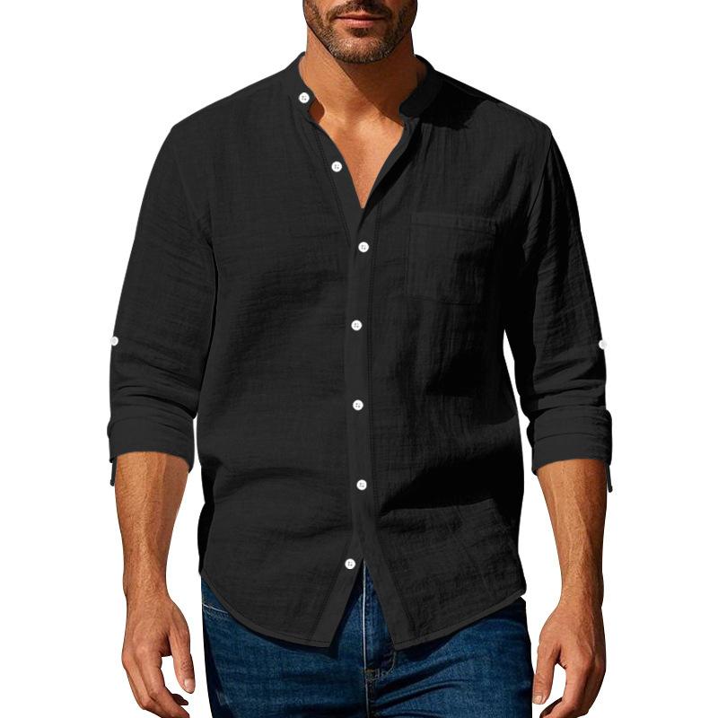 Men Mandarin Collar Linen Button Down Shirt Long Sleeve Roll Tab Sleeve Chest Pocket Casual Vacation Tops Sleeve Chest Pocket Lightweight Daily S