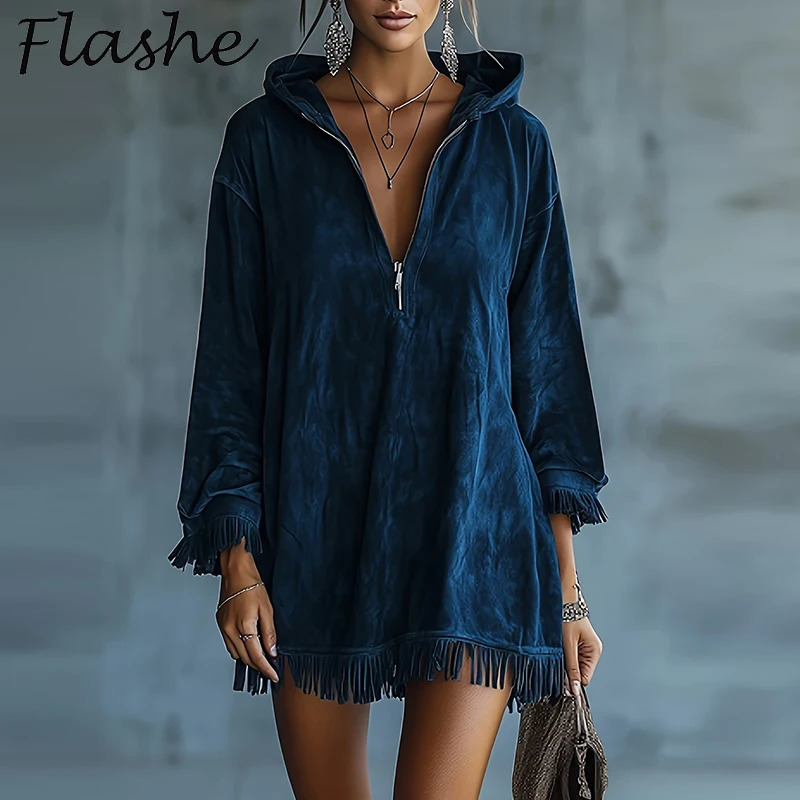 Retro Suede Tassel Dresses Women's Hoodies Autumn Fashion Solid Color Short Dresses Long Sleeved Loose Zipper Party Dress 260922